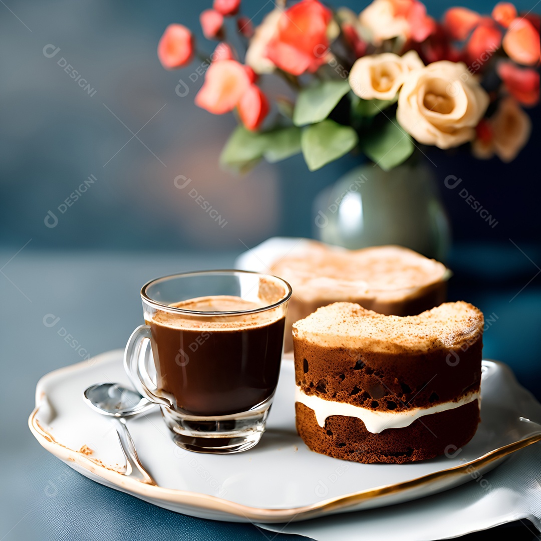 Fatia de bolo ao lado de xícara de café