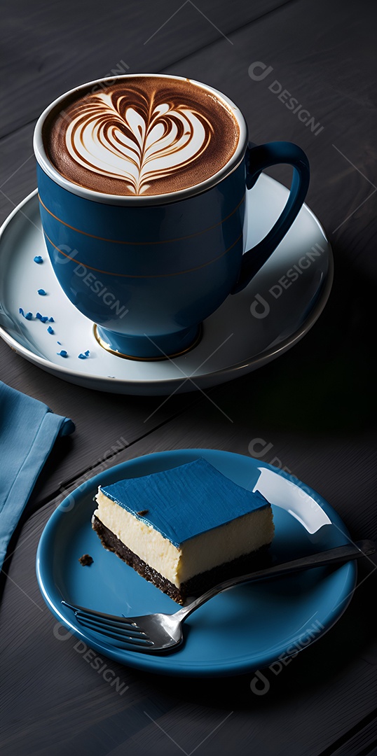 Fatia de bolo ao lado de xícara de café