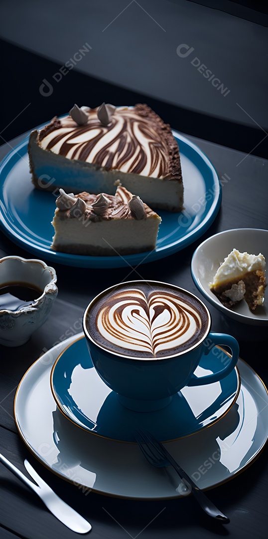 Fatia de bolo ao lado de xícara de café