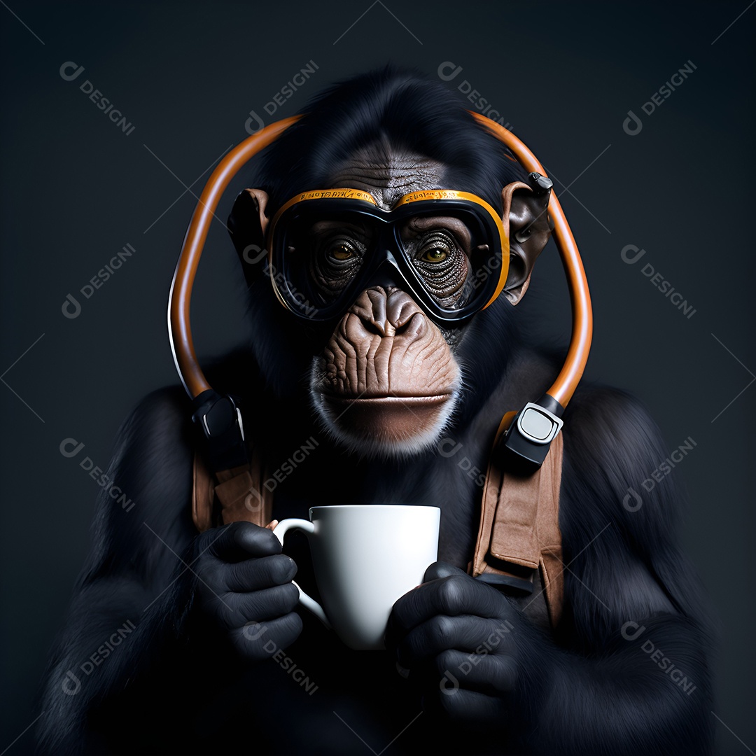 Macaco segurando xícara café