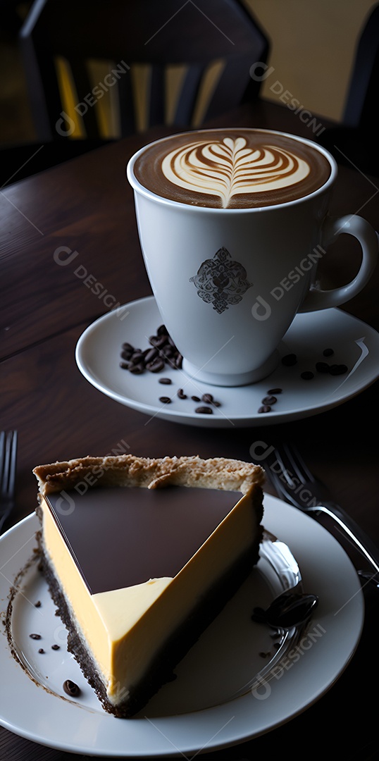 Fatia de bolo sobre ao lado uma xícara de café