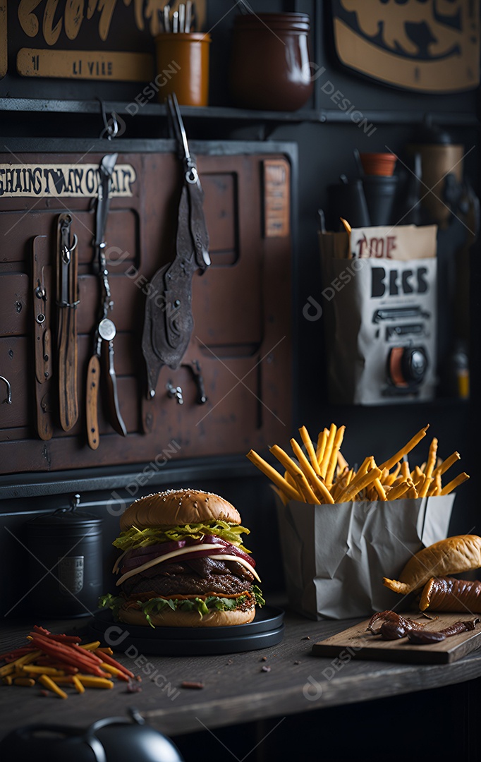 Saboroso hambúrguer caseiro na mesa de madeira