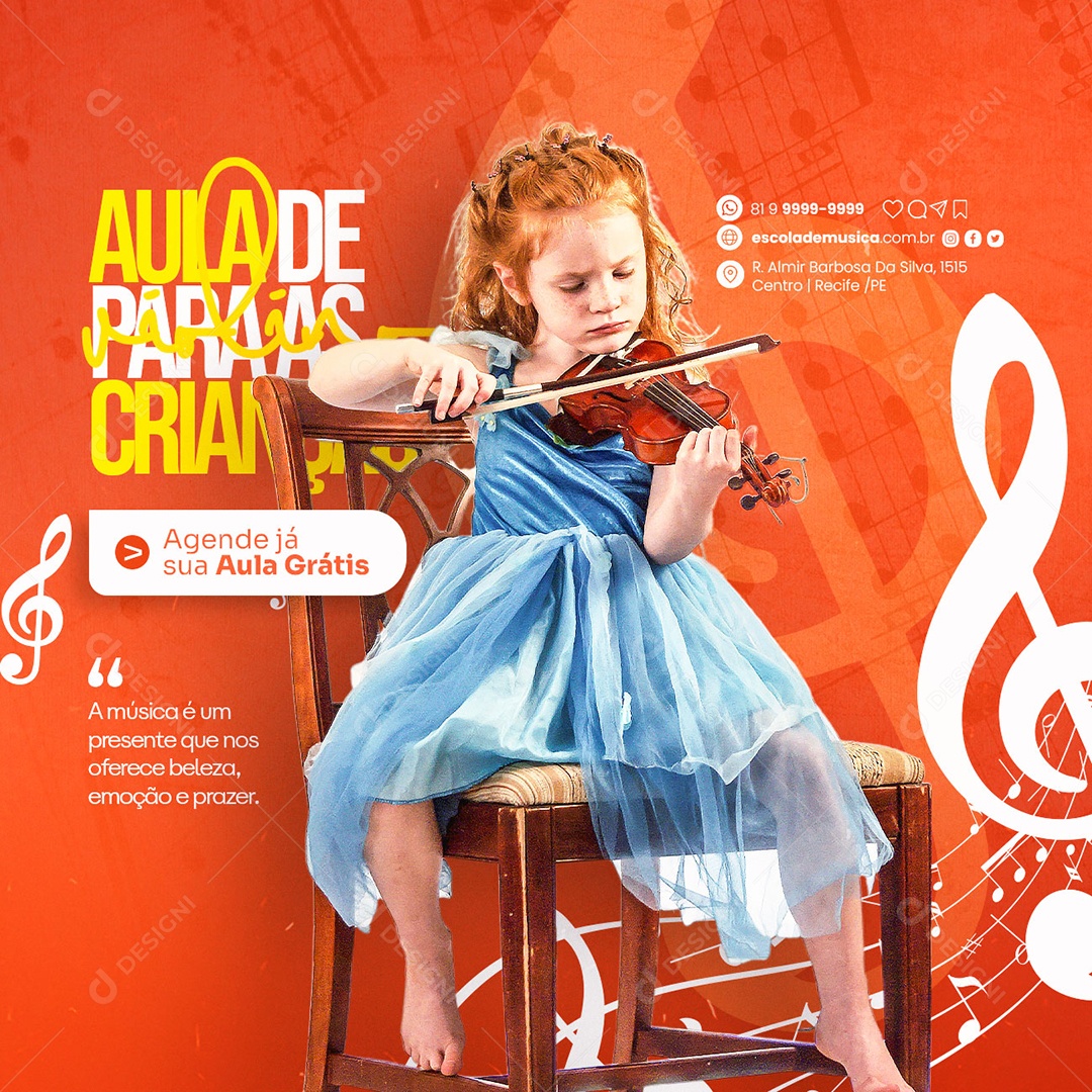 Aula Para As Crianças Escola De Música Social Media PSD Editável