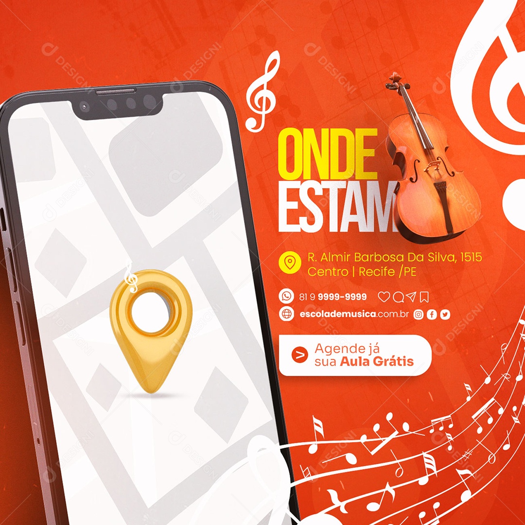 Onde Estamos Agenda Já Sua Aula Grátis Escola De Música Social Media PSD Editável