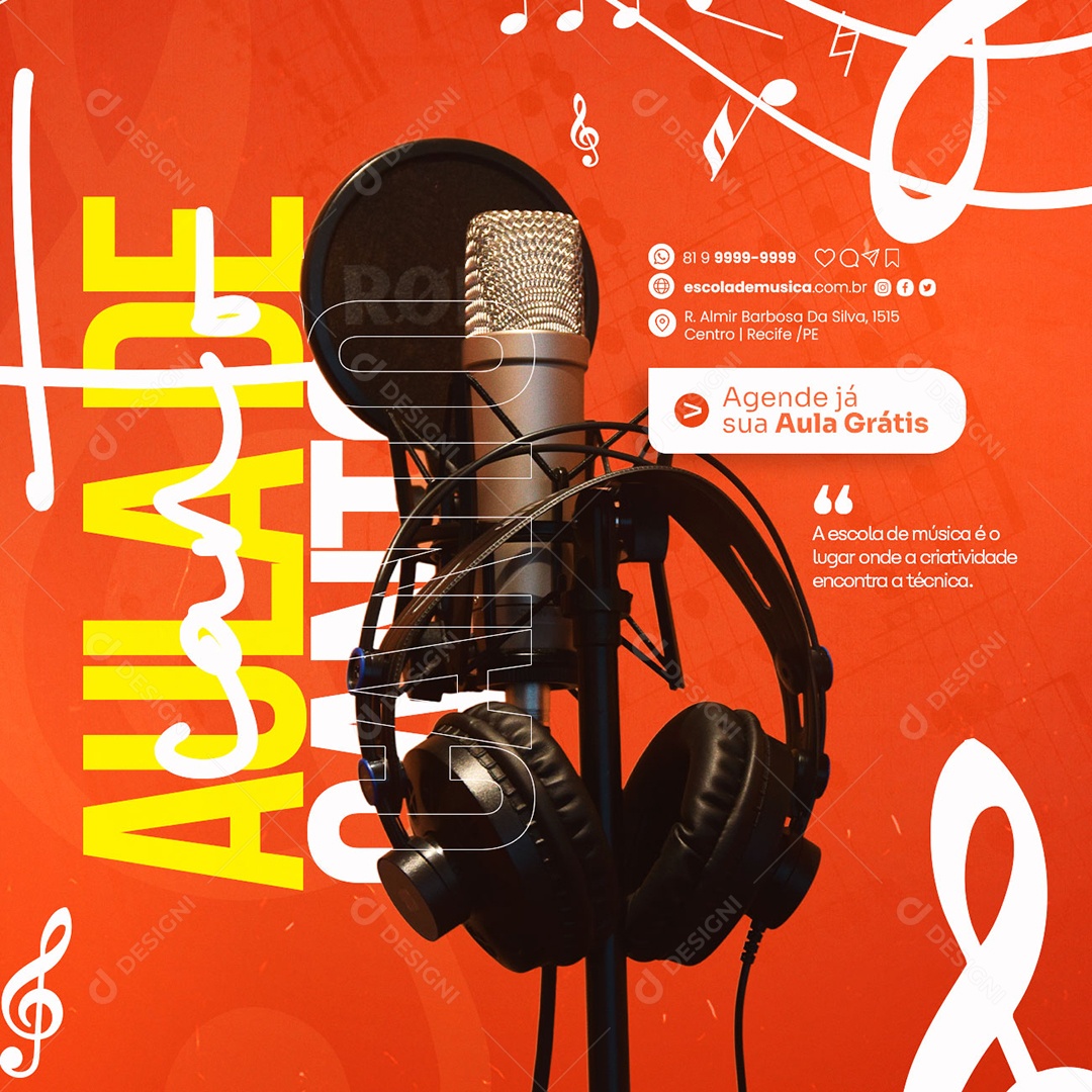Agenda Já Sua Aula Grátis Escola de Música Social Media PSD Editável