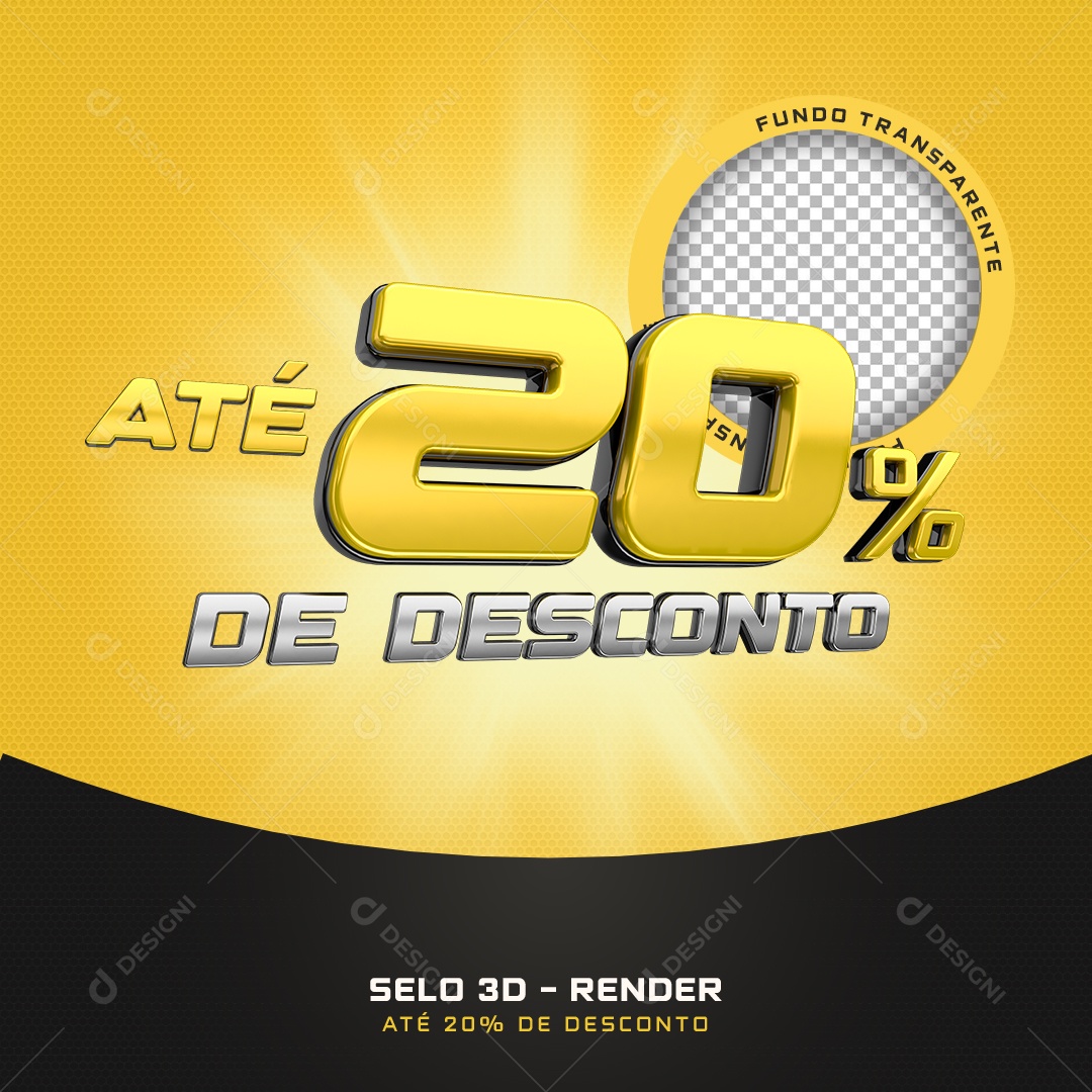 Selo 3D Até 20% De Desconto Amarelo E Preto Para Composição PSD