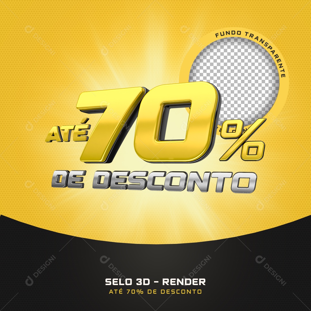 Selo 3D Até 70% De Desconto Preto E Amarelo Para Composição PSD