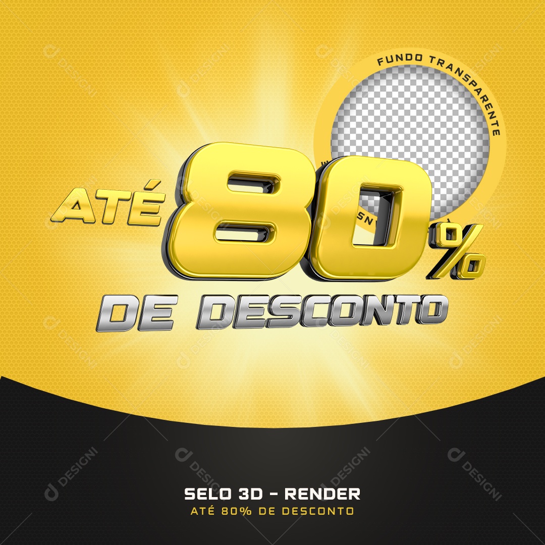 Selo 3D Até 80% De Desconto Preto E Amarelo Para Composição PSD