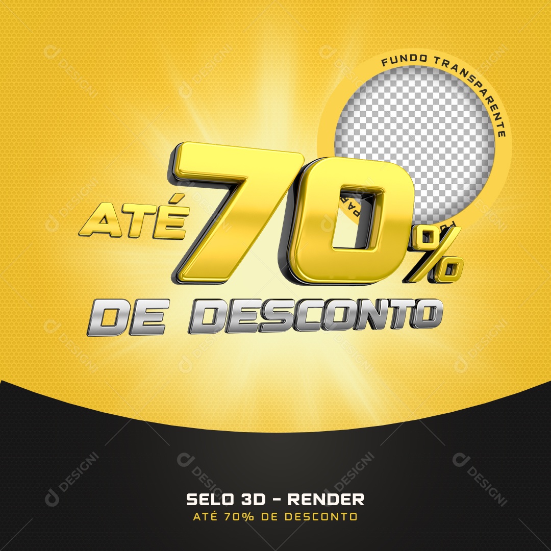 Selo 3D Até 70% De Desconto Preto E Amarelo Para Composição PSD