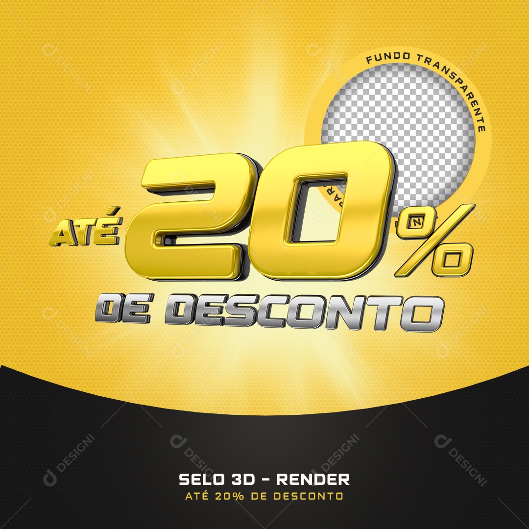 Selo 3D Até 20% De Desconto Preto E Amarelo Para Composição PSD