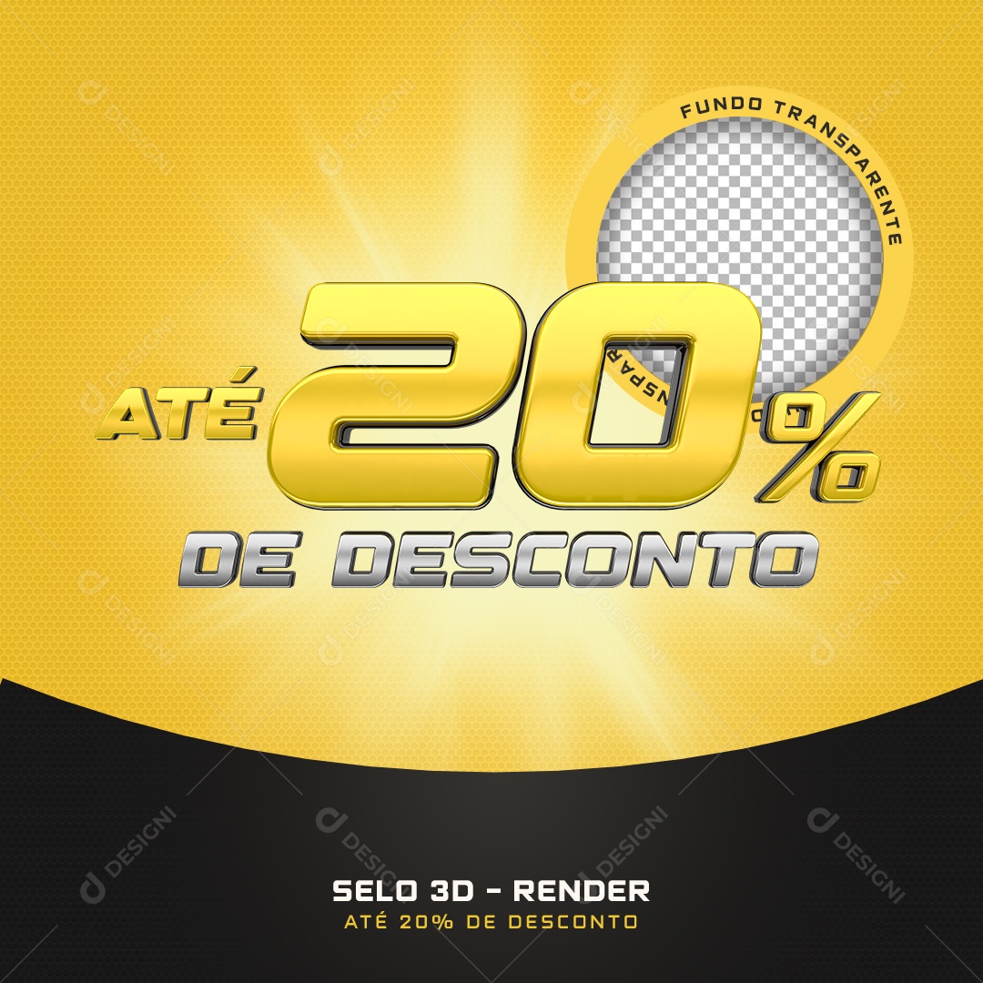 Selo 3D Até 20% De Desconto Preto E Amarelo Para Composição PSD