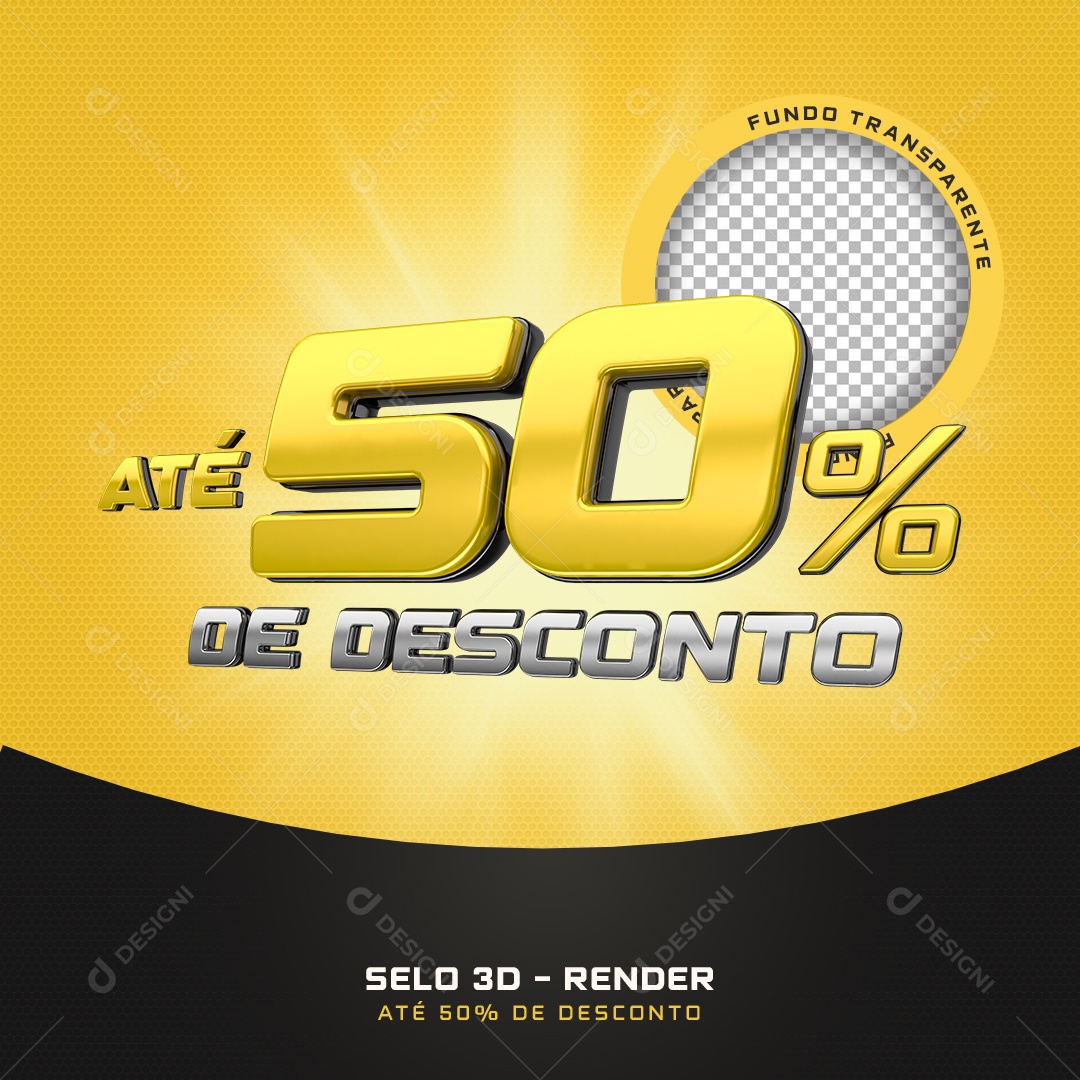 Selo 3D Até 50% De Desconto Preto E Amarelo Para Composição PSD