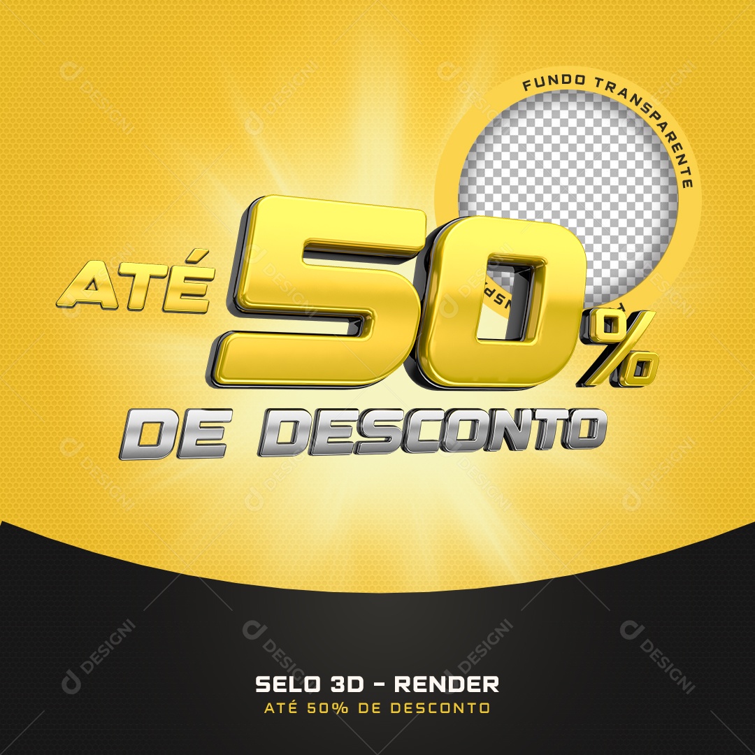 Selo 3D Até 50% De Desconto Preto E Amarelo Para Composição PSD