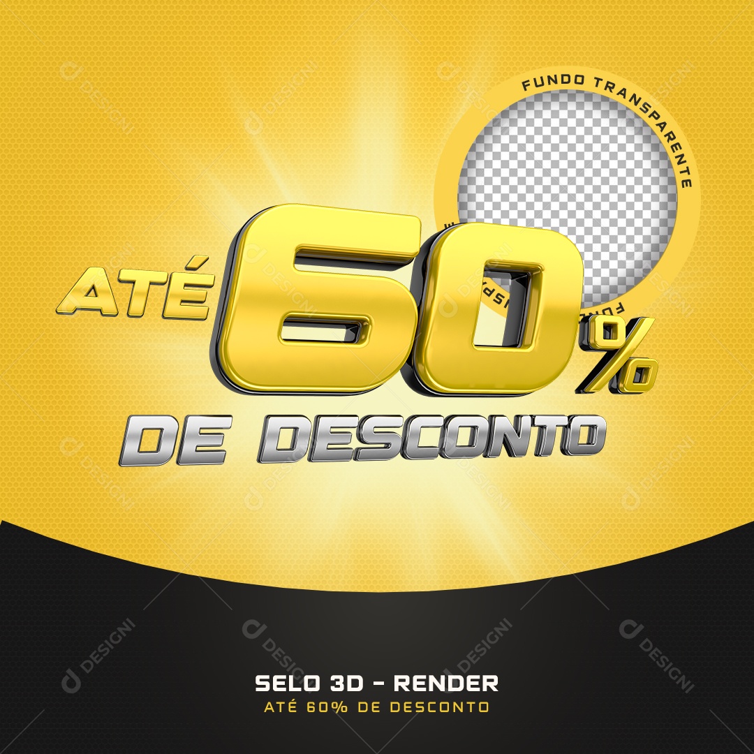 Selo 3D Até 60% De Desconto Preto E Amarelo Para Composição PSD