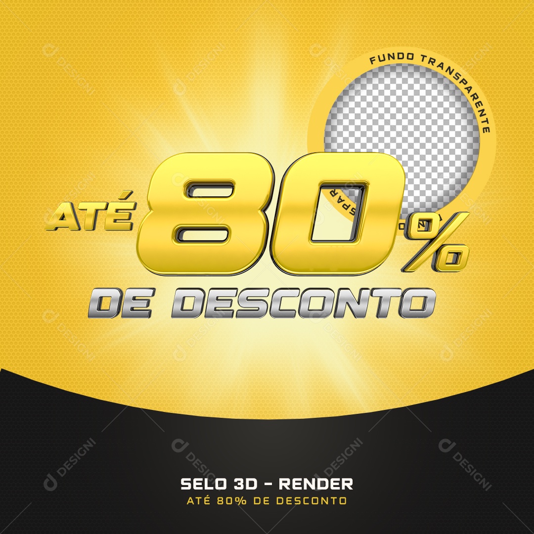 Selo 3D Até 80% De Desconto Preto E Amarelo Para Composição PSD