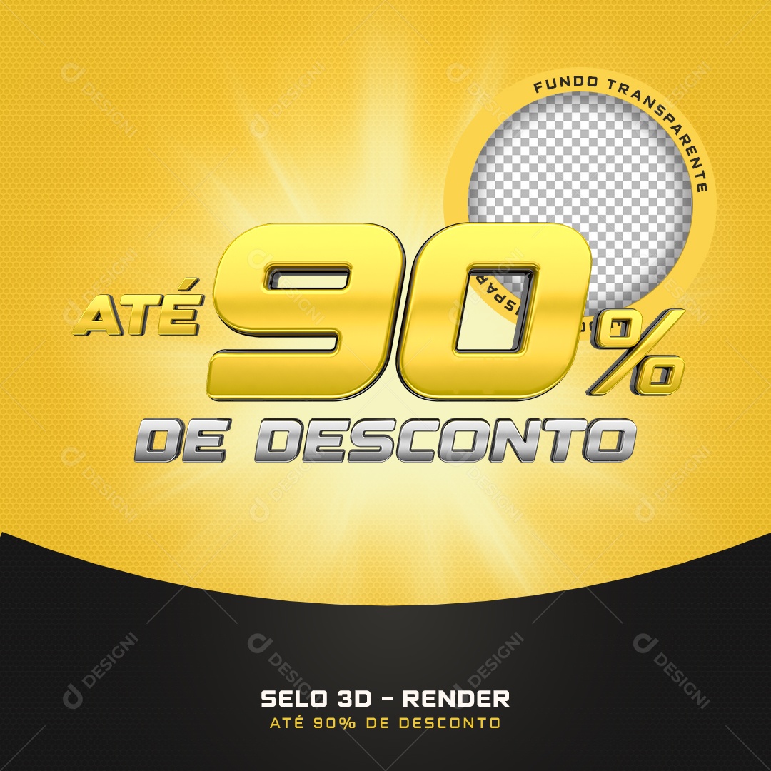 Selo 3D Até 90% De Desconto Preto E Amarelo Para Composição PSD