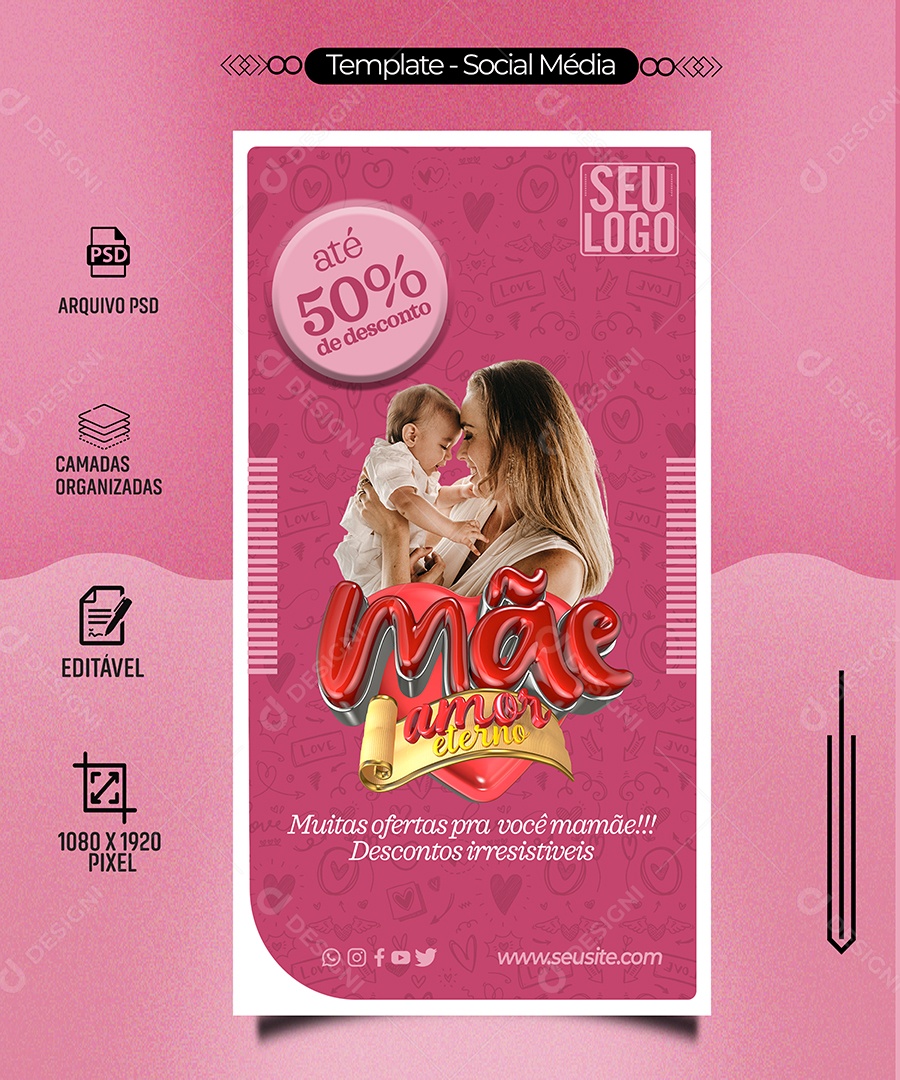 Mãe Amor Eterno Muitas Ofertas Pra Você Mamãe Descontos Irresistíveis Social Media PSD Editável
