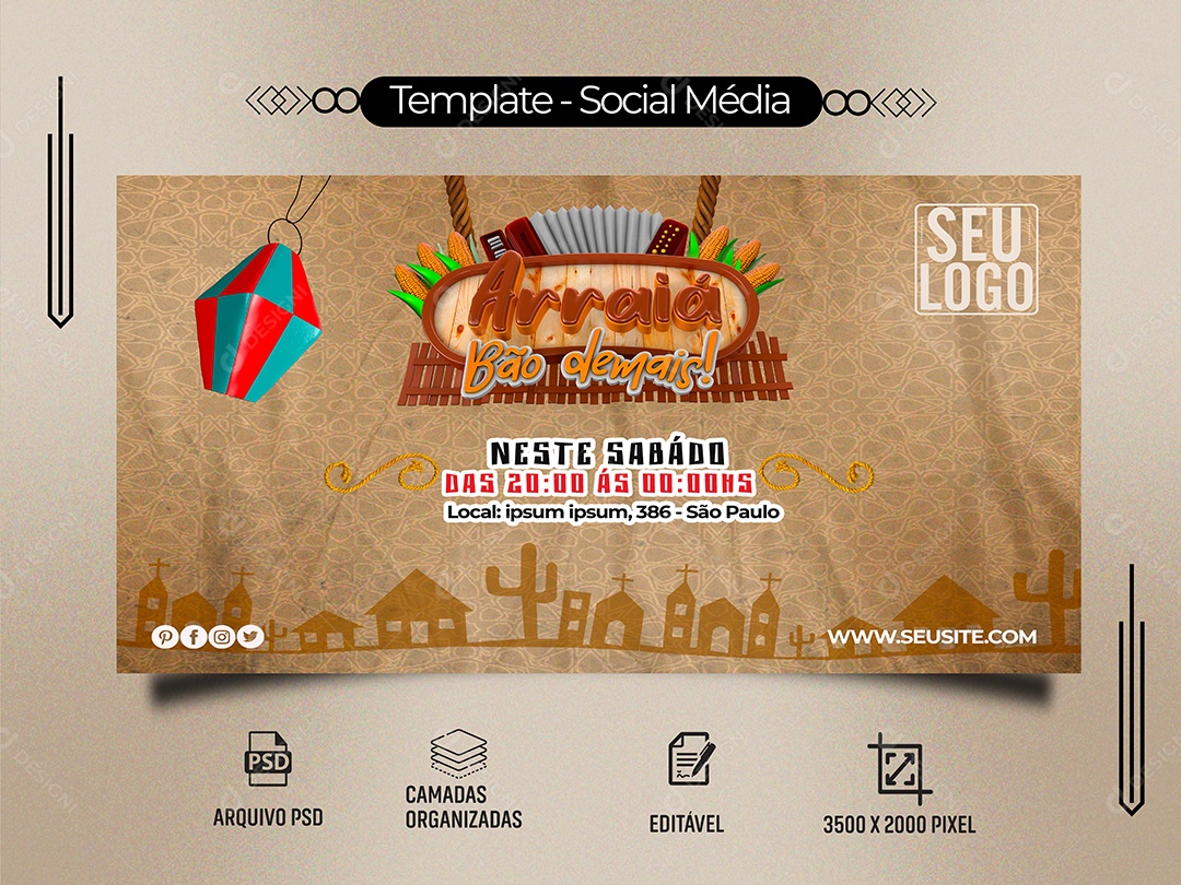 Banner Arraiá Bão de Mais Social Media PSD Editável