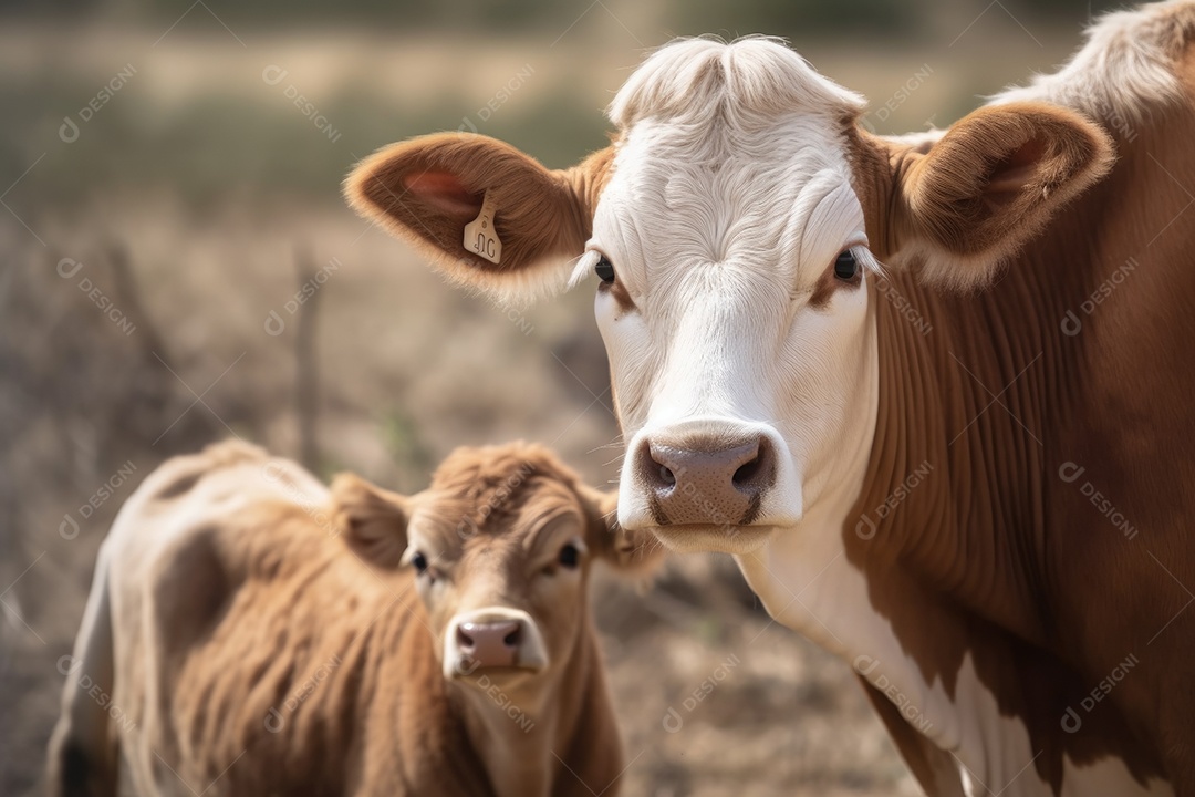 Vaca marrom com pelos brancos e seu bezerro olhando para a câmera