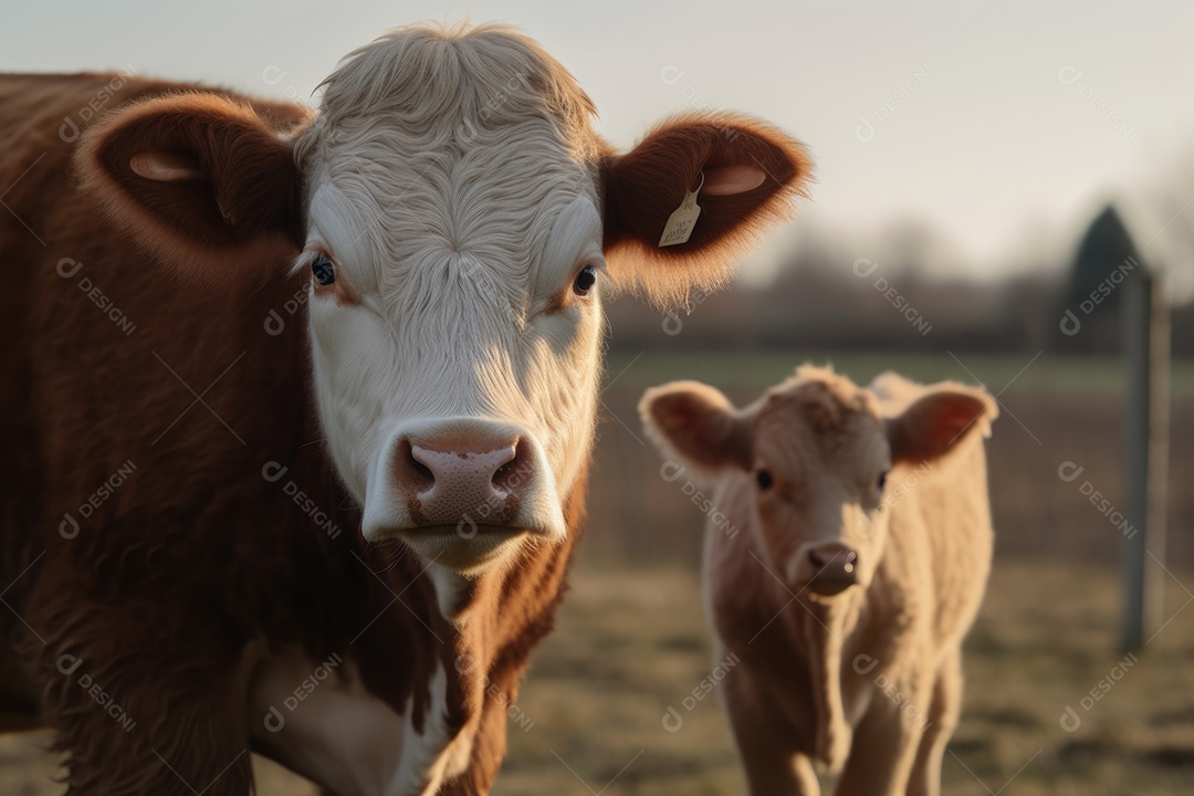 Vaca marrom com pelos brancos e seu bezerro olhando para a câmera