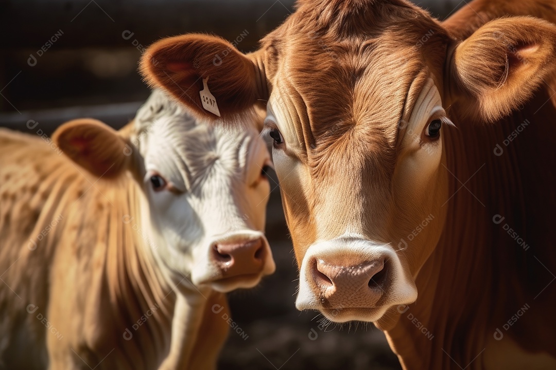 Vaca marrom com pelos brancos e seu bezerro olhando para a câmera