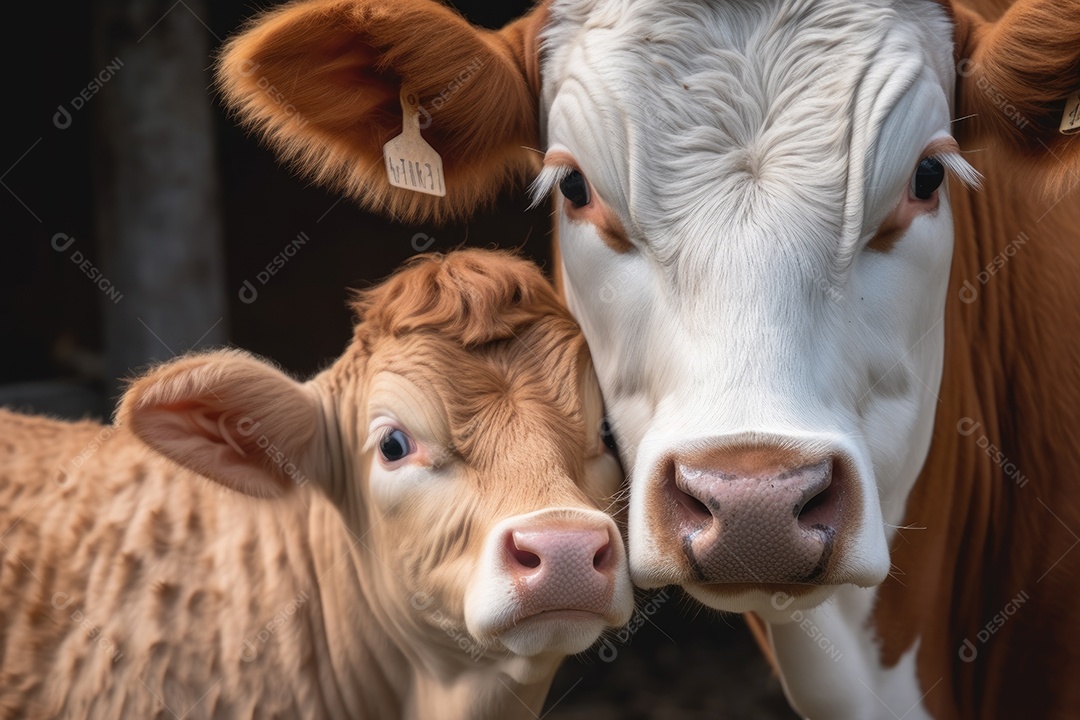 Vaca marrom com pelos brancos e seu bezerro olhando para a câmera
