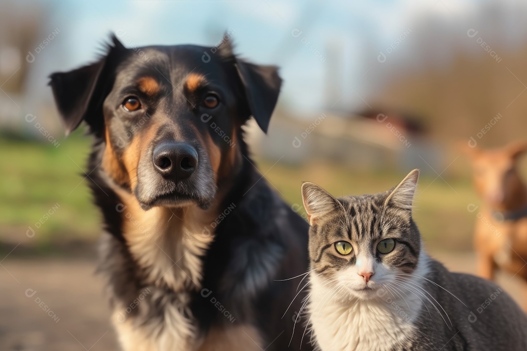 Gato e cachorro juntos olhando para a câmera