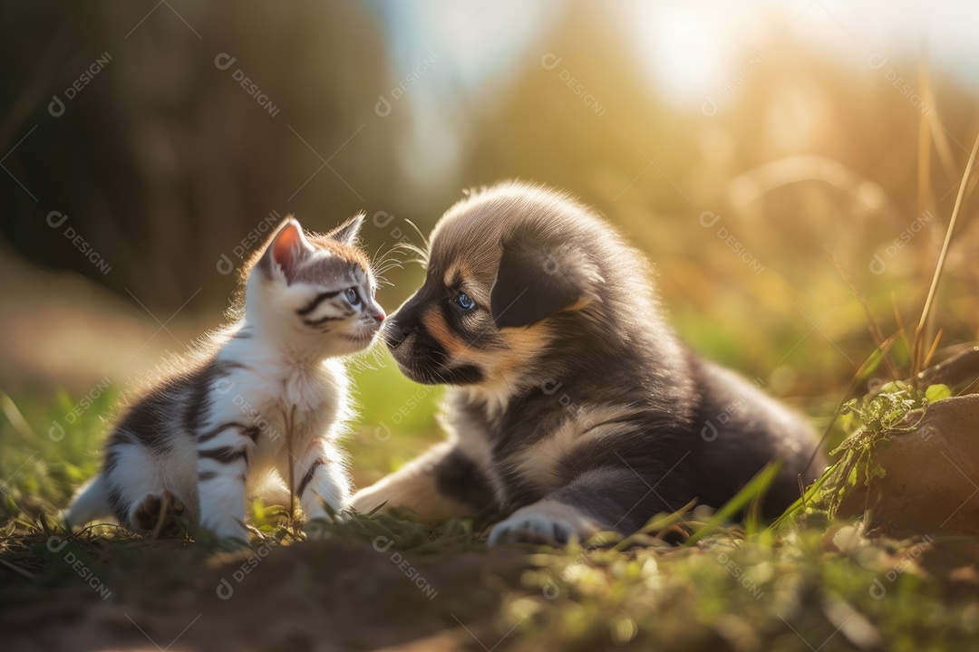 Gato e cachorro juntos olhando para a câmera