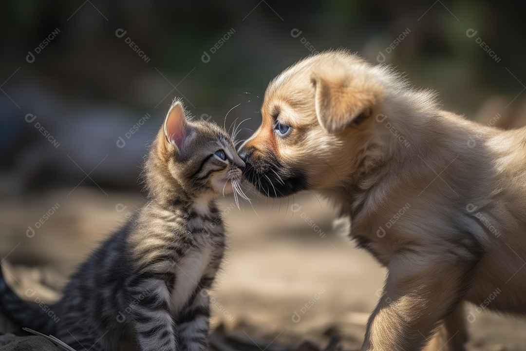 Gato e cachorro juntos olhando para a câmera