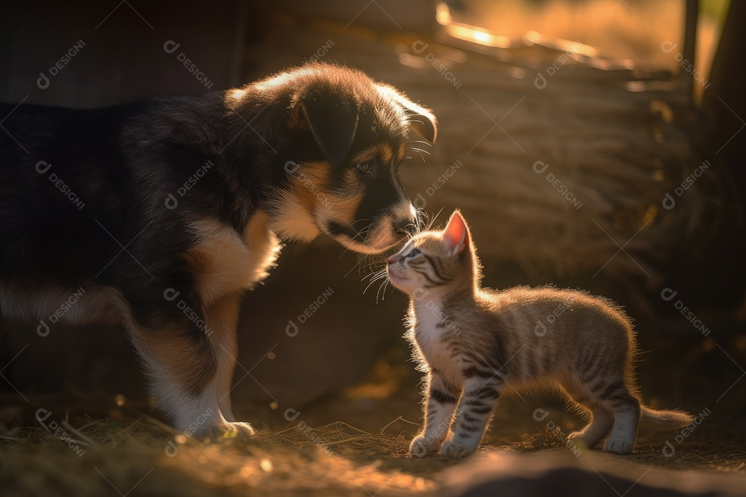 Gato e cachorro juntos olhando para a câmera