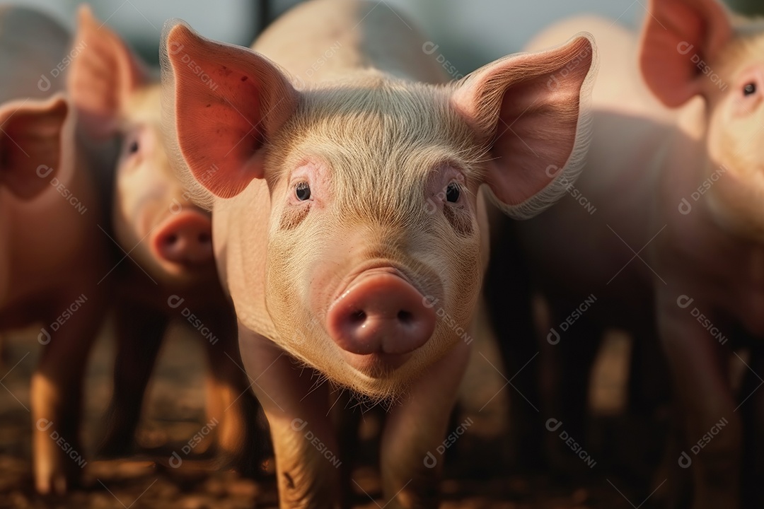 Mãe porca com seus porquinhos olhando para a câmera