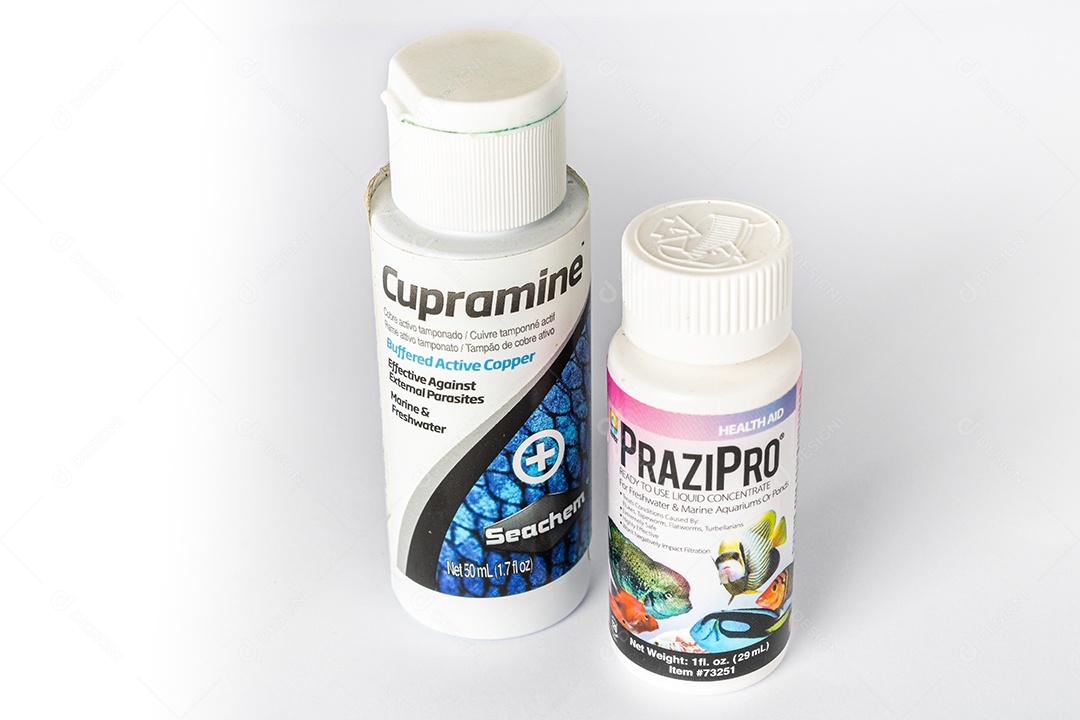 Produtos Cupramine e Prazipro para procedimentos de quarentena de peixes marinhos. Elimine os protozoários dos peixes.