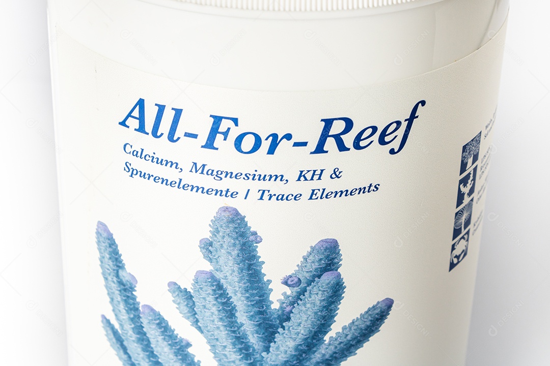 Produto All for reef para substituir os elementos básicos na água do aquário marinho.