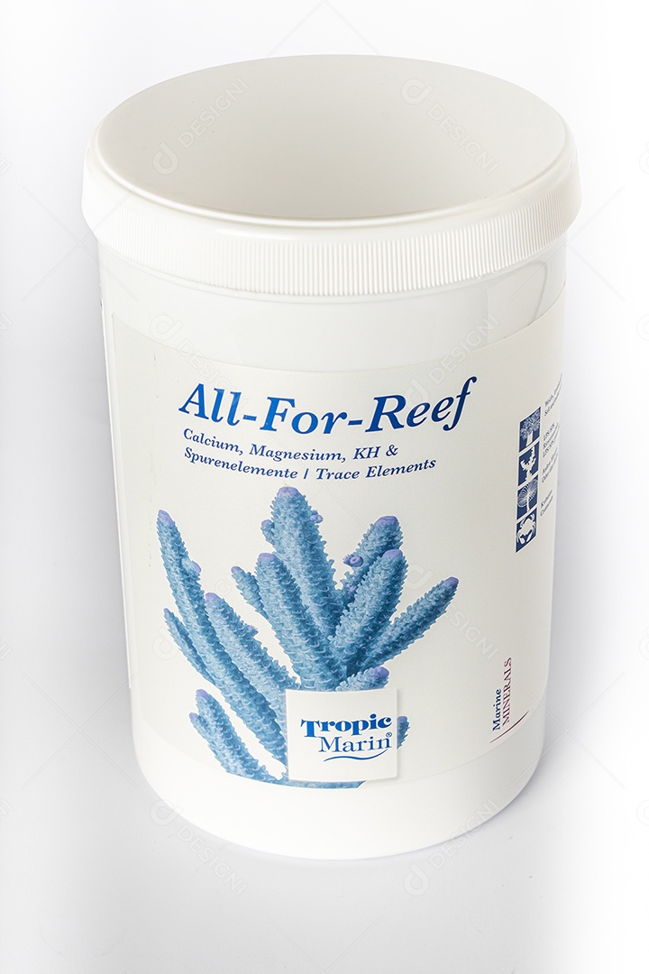 Produto All for reef para substituir os elementos básicos na água do aquário marinho.