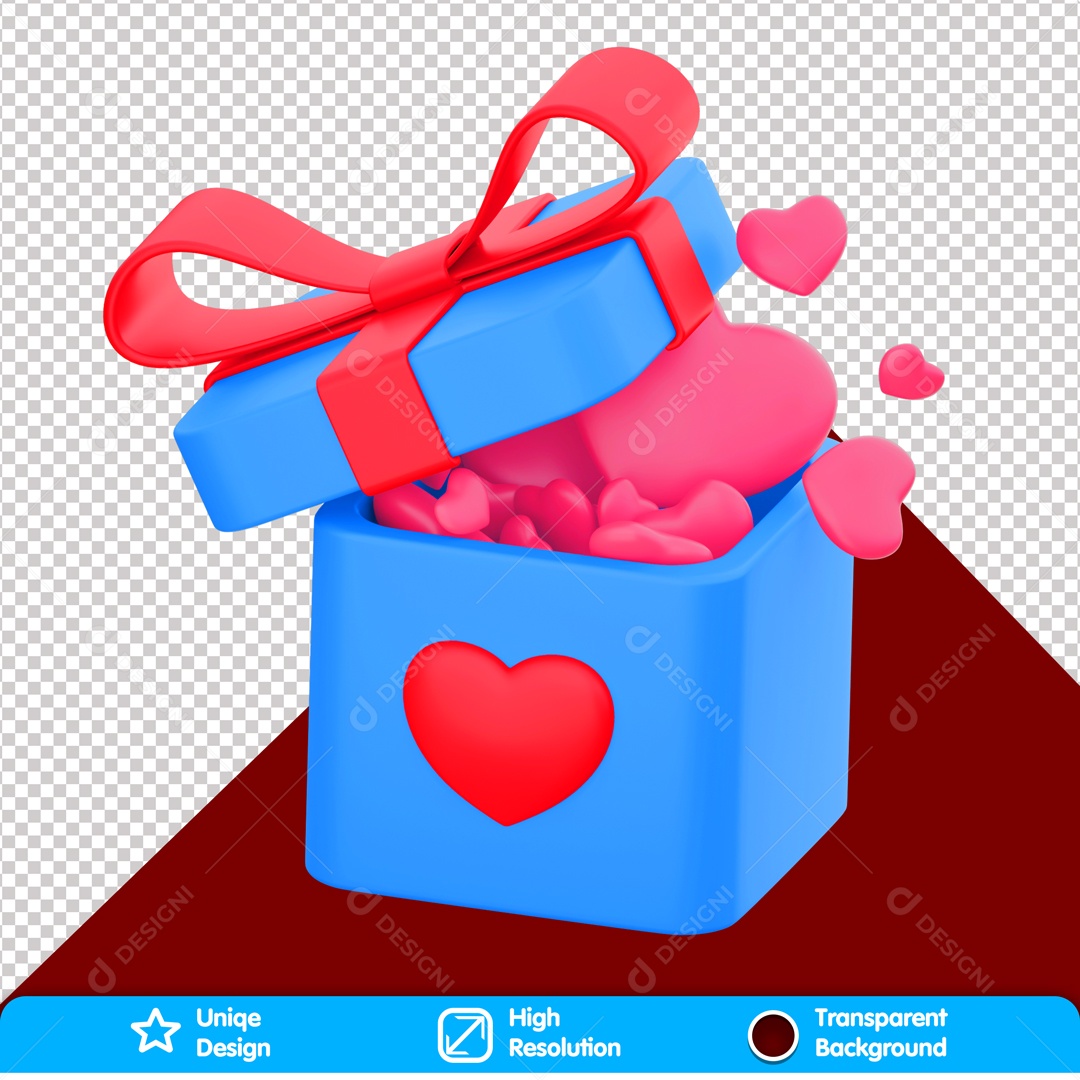 Caixa De Presente Azul Aberta Laço Azul Corações Elemento 3D Para Composição PSD