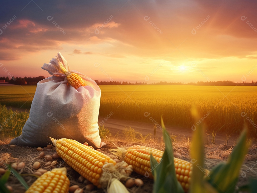 Espigas de milho sobre plantação