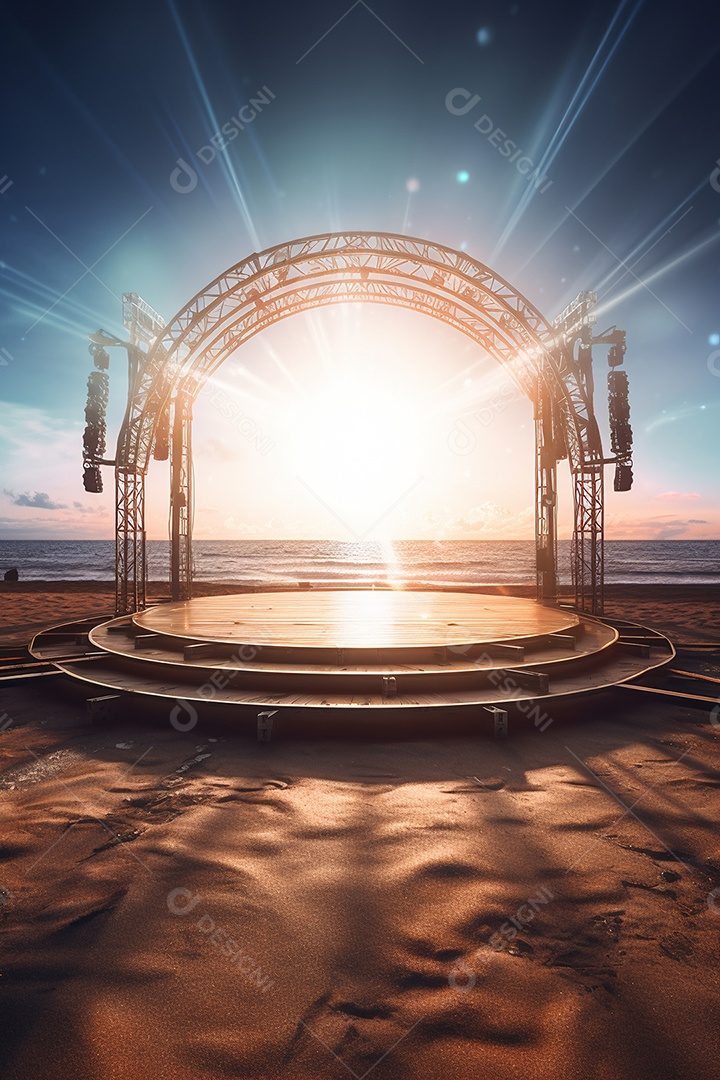 Cenário de um palco sobre fundo uma linda paisagem de uma praia