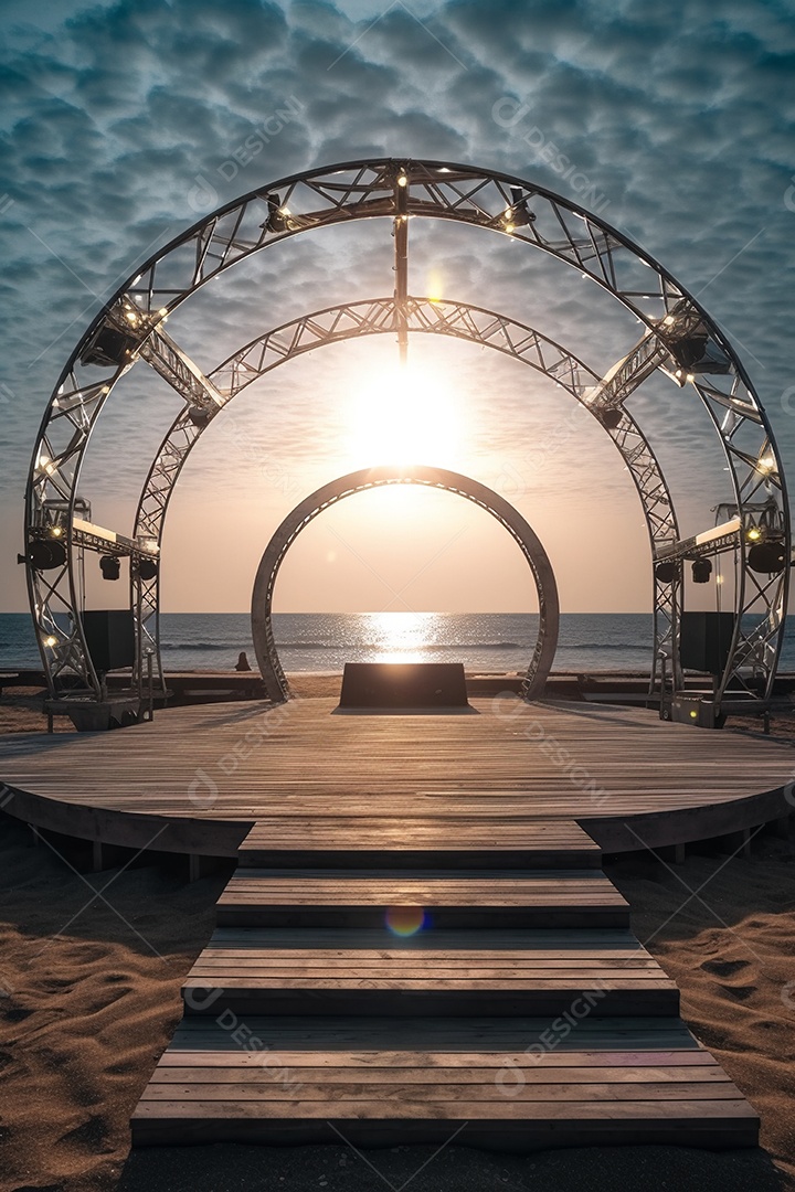 Cenário de um palco sobre fundo uma linda paisagem de uma praia