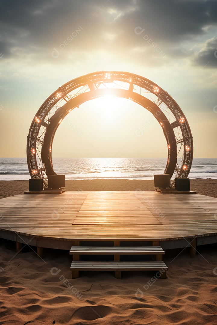 Cenário de um palco sobre fundo uma linda paisagem de uma praia
