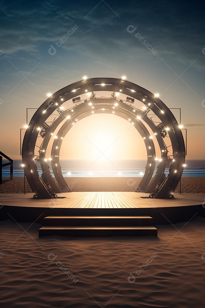 Cenário de um palco sobre fundo uma linda paisagem de uma praia