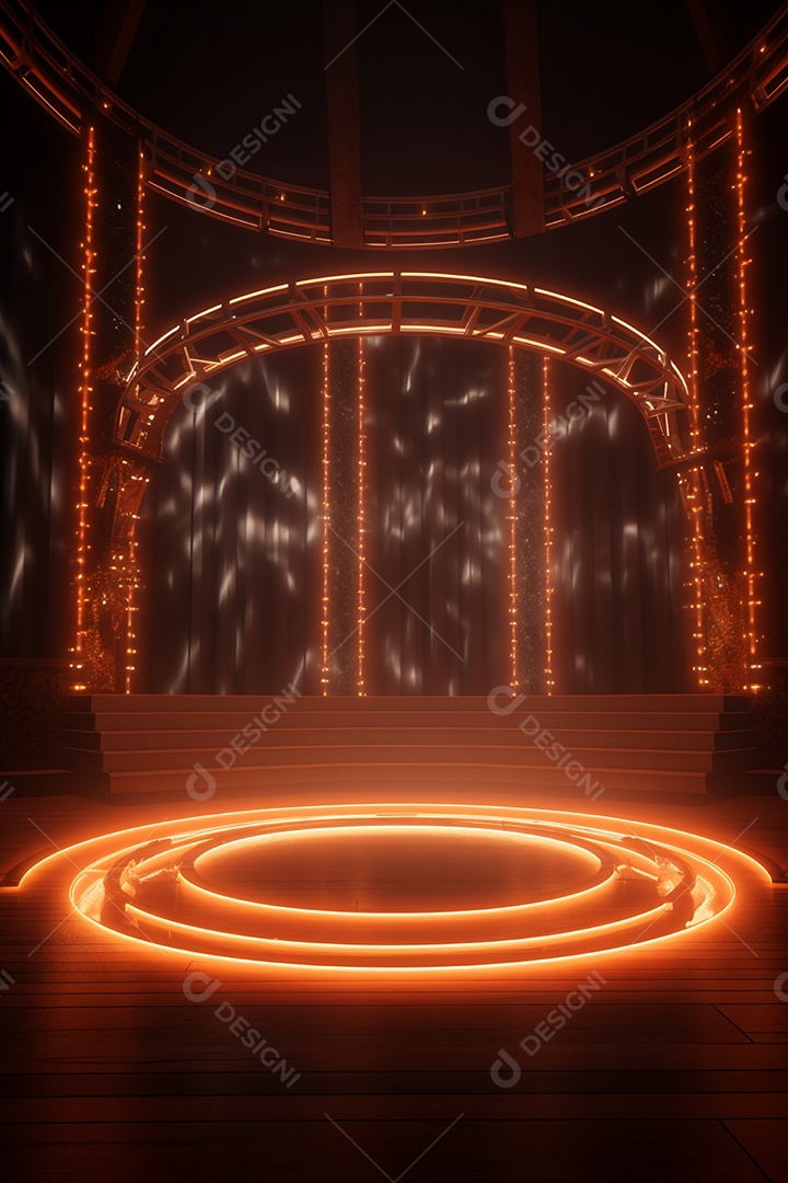 Cenário de um palco sobre fundo uma linda paisagem de uma praia