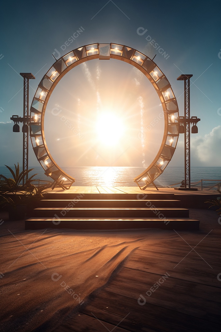 Cenário de um palco sobre fundo uma linda paisagem de uma praia