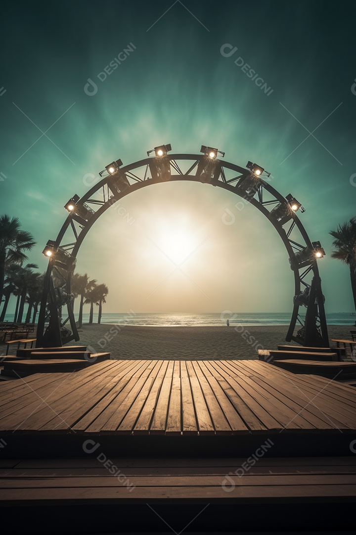 Cenário de um palco sobre fundo uma linda paisagem de uma praia