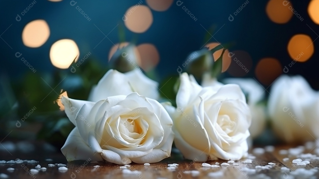 Lindas rosas brancas em fundo de luzes