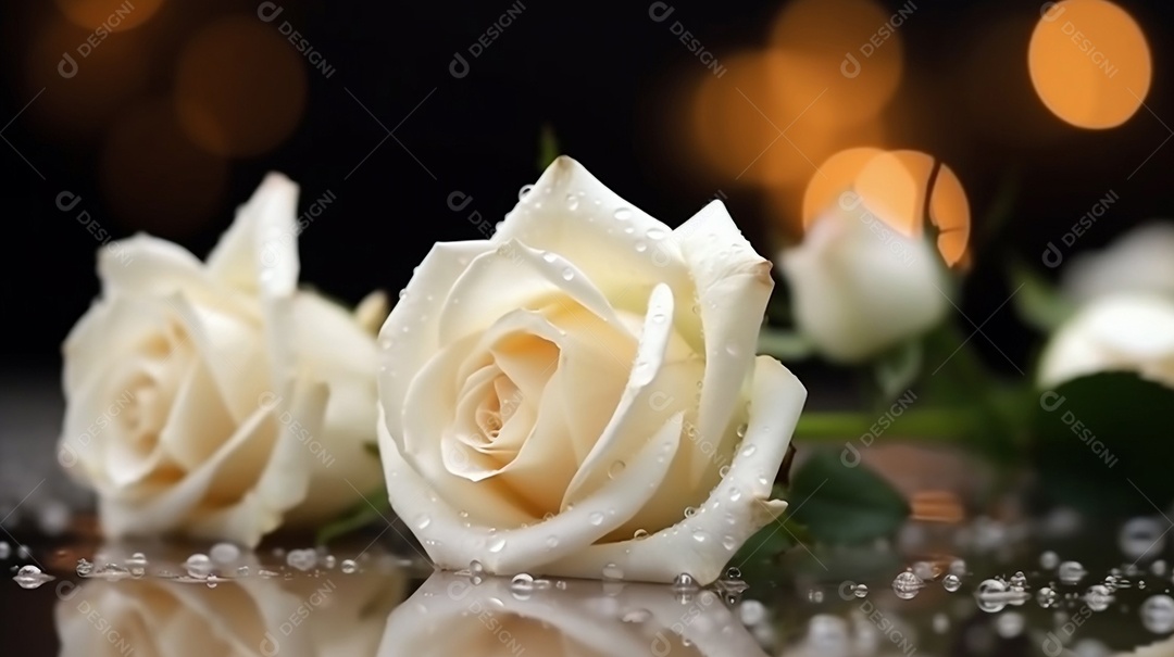 Lindas rosas brancas em fundo de luzes