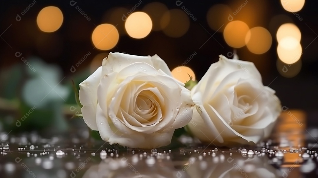 Lindas rosas brancas em fundo de luzes