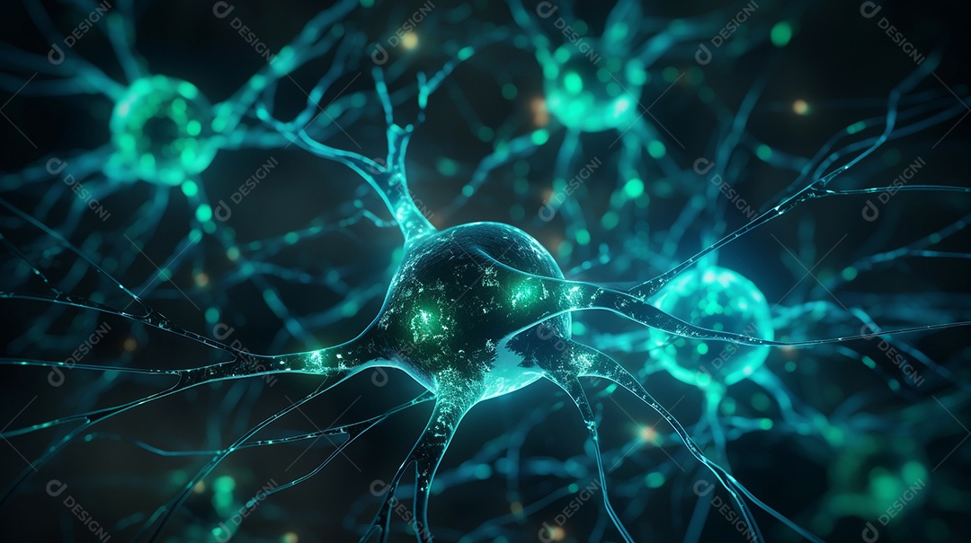 Ilustração conceitual de células de neurônios com nós de ligação brilhante.