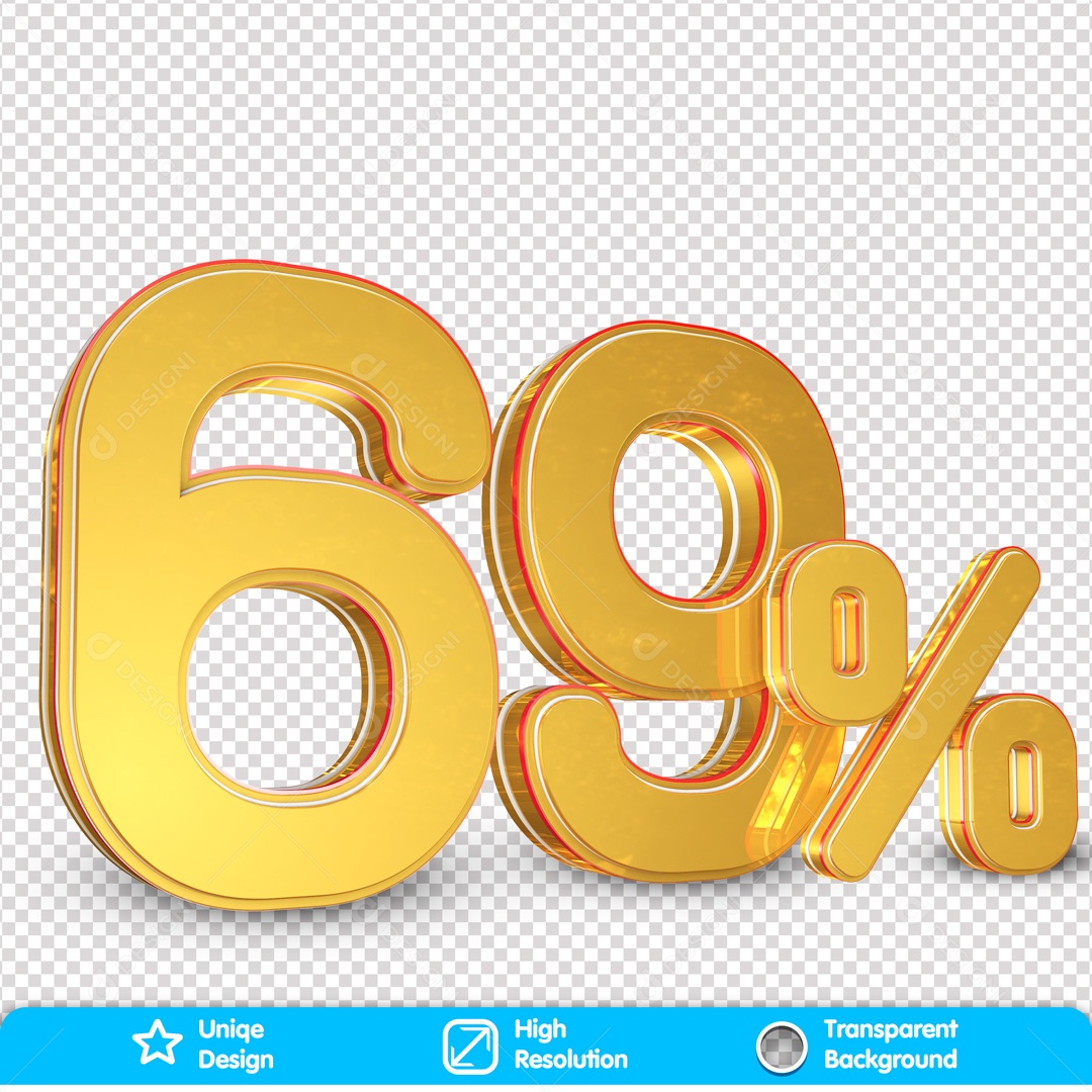 Numero 3D Dourado 69% Porcento Para Composição PSD