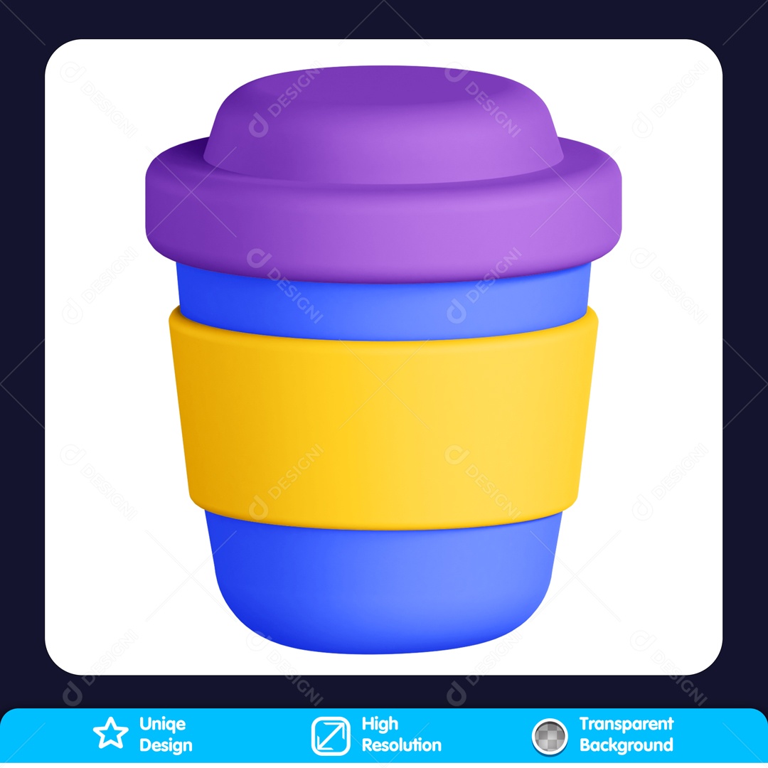 Icone 3D Copo Azul E Amarelo Tampa Roxa Para Composição PSD