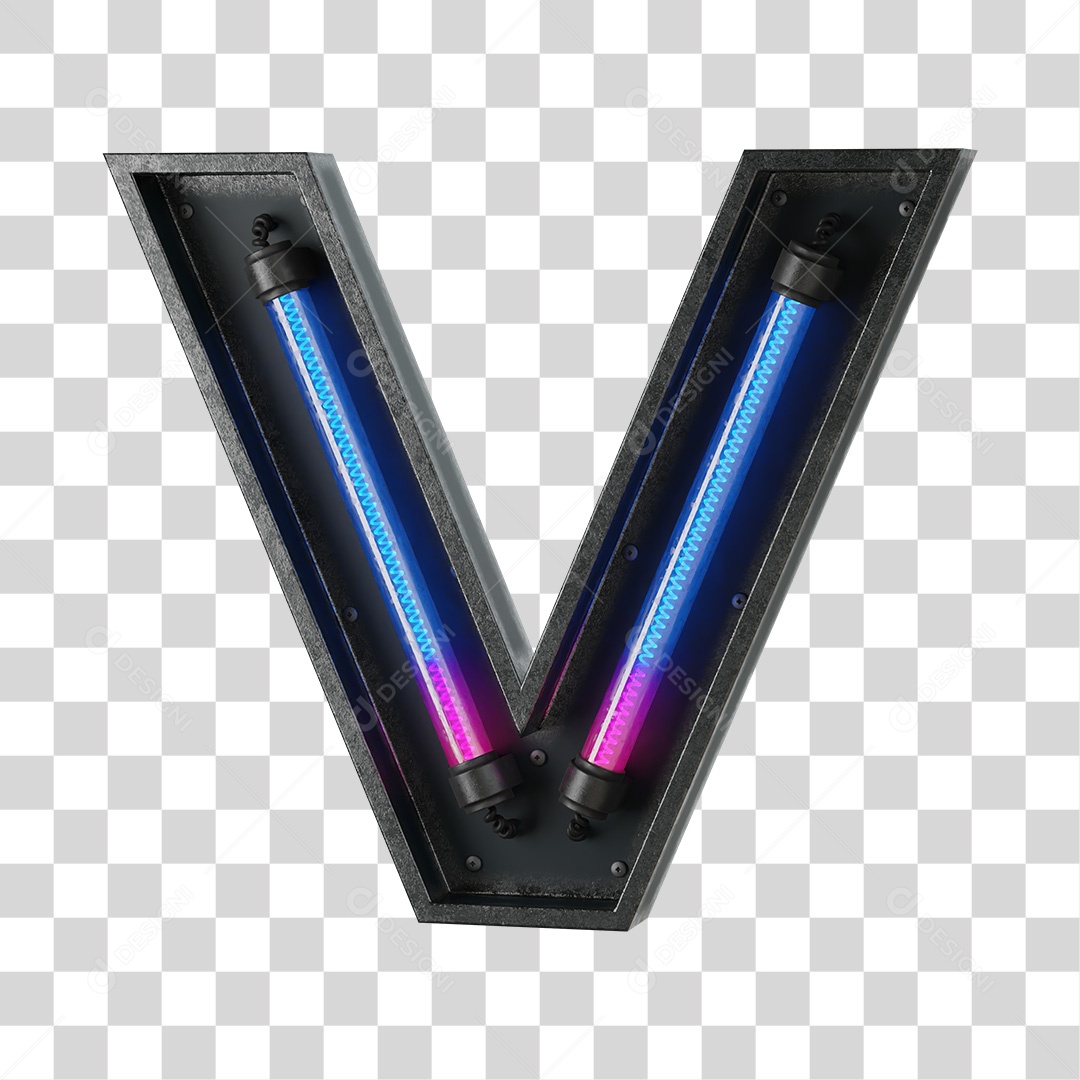 Letra V Neon 3D PNG Transparente